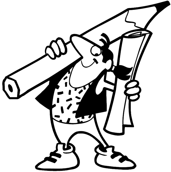 Man with huge pencil over one shoulder and a roll of paper in the other hand vinyl decal. Customize on line. Printing and Graphical Production 076-0059